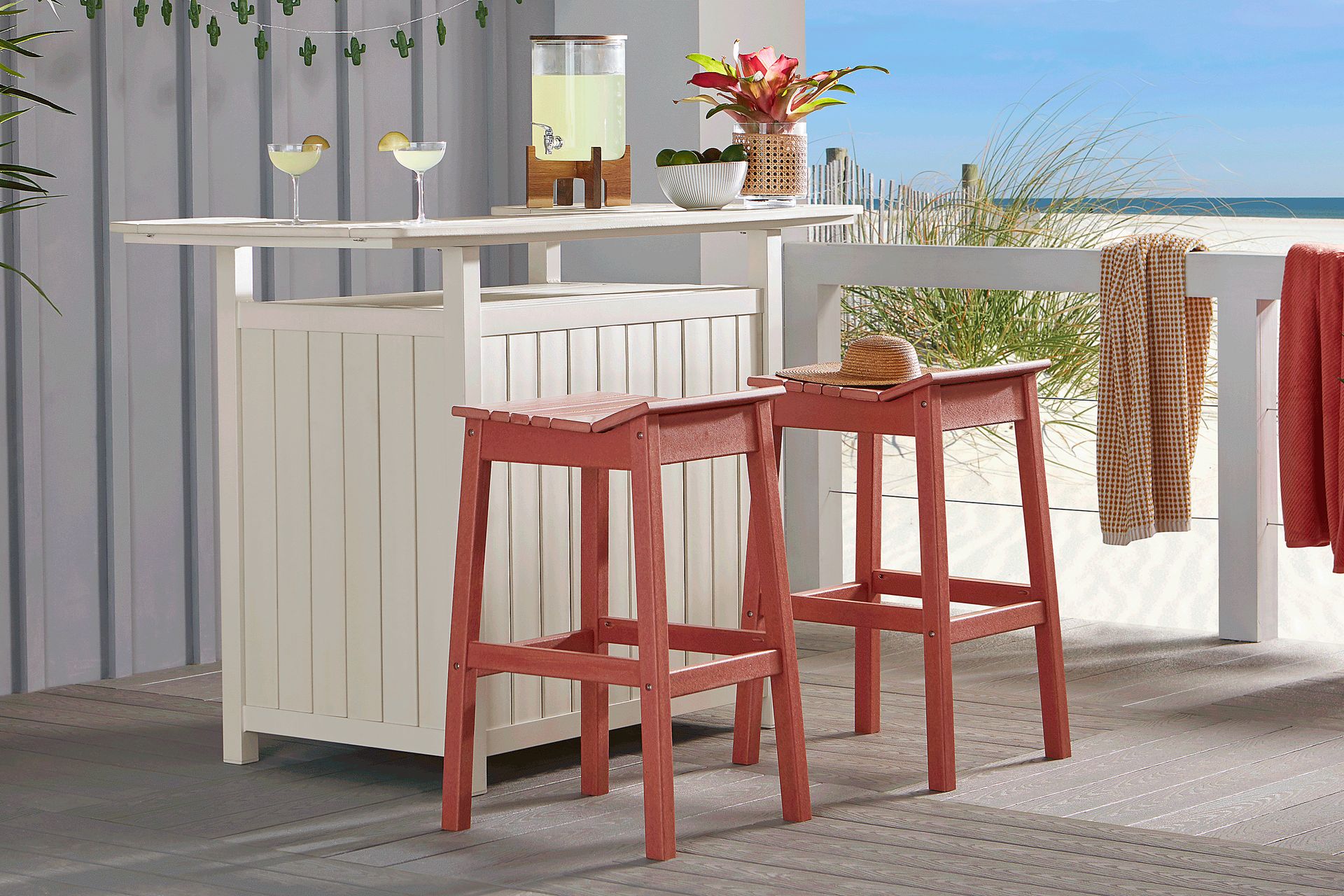 Addy White 3 Pc Outdoor Bar Set with Red Barstools - Image 1