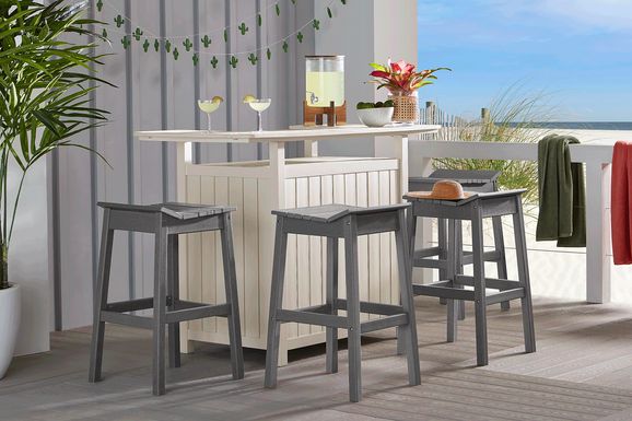 Addy White 5 Pc Outdoor Bar Dining Room with Gray Barstools