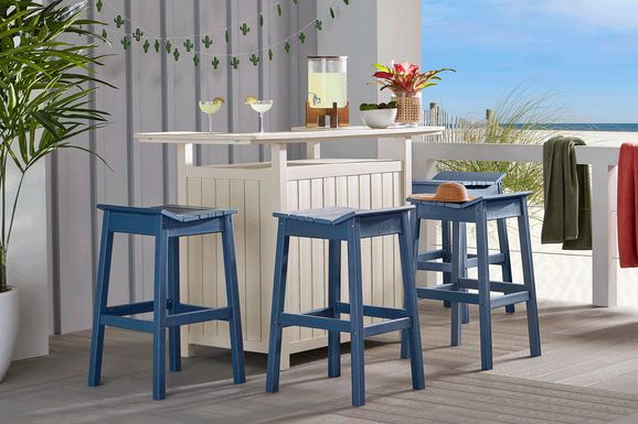 Addy White 5 Pc Outdoor Bar Dining Room with Navy Barstools