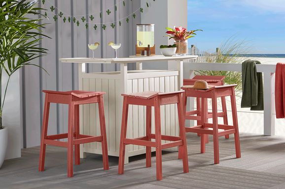 Addy White 5 Pc Outdoor Bar Dining Room with Red Barstools