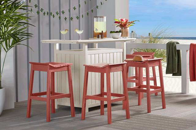 Addy White 5 Pc Outdoor Bar Dining Room with Red Barstools - Thumbnail - Image 1