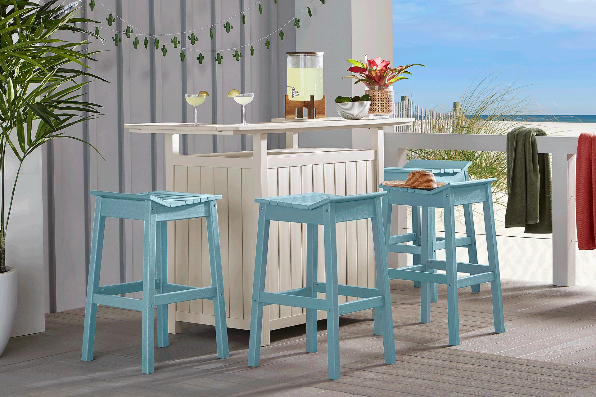 Addy White 5 Pc Outdoor Bar Dining Room with Sky Barstools - Image 1