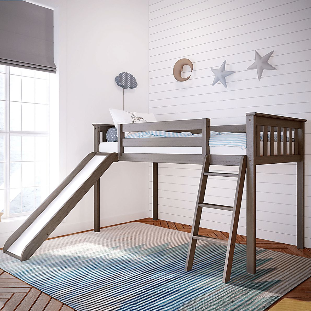 Kids Adeliza Brown Twin Low Loft Bed with Slide