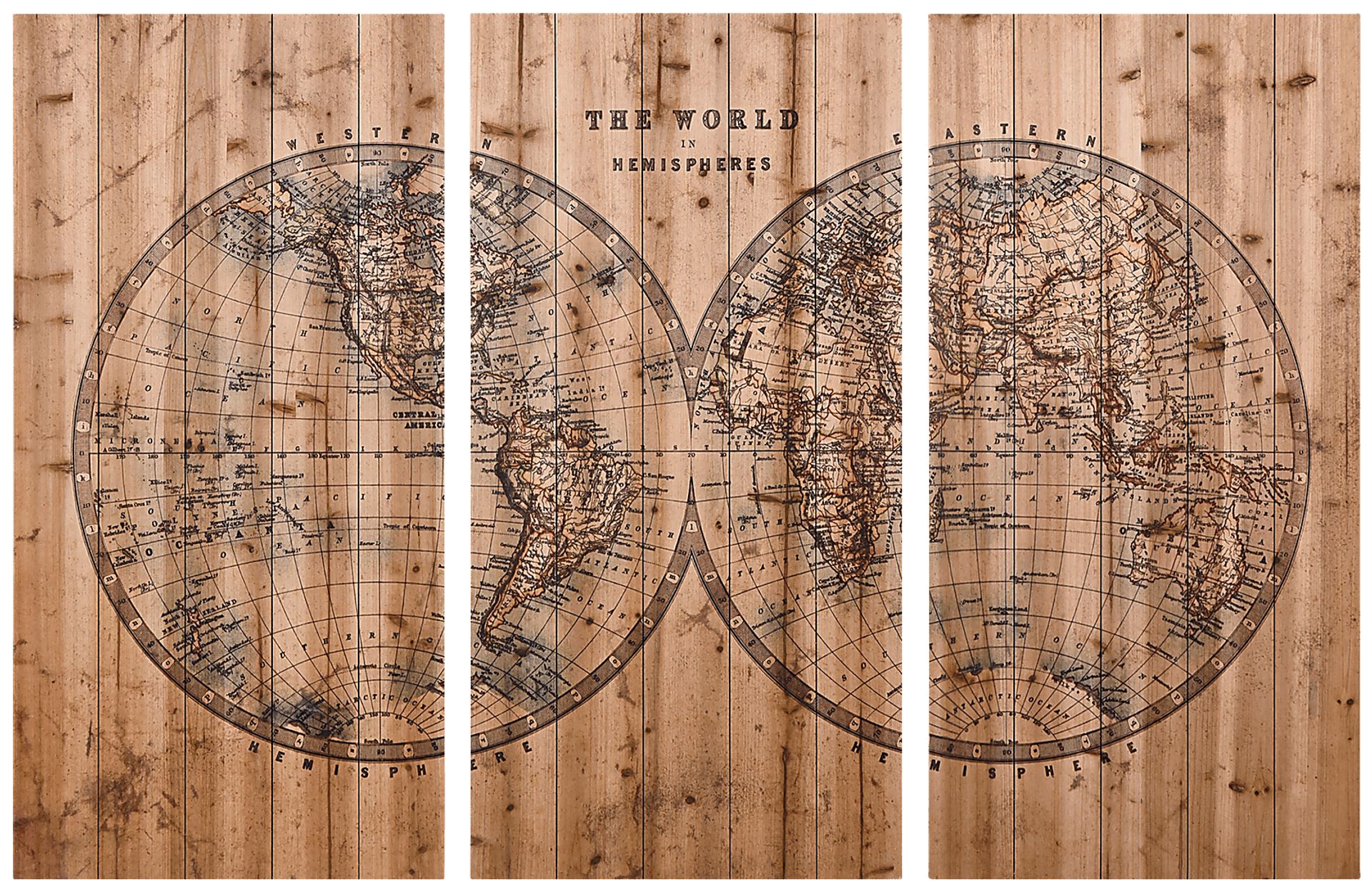 Aged World Map Set of 3 Artwork - Image 1