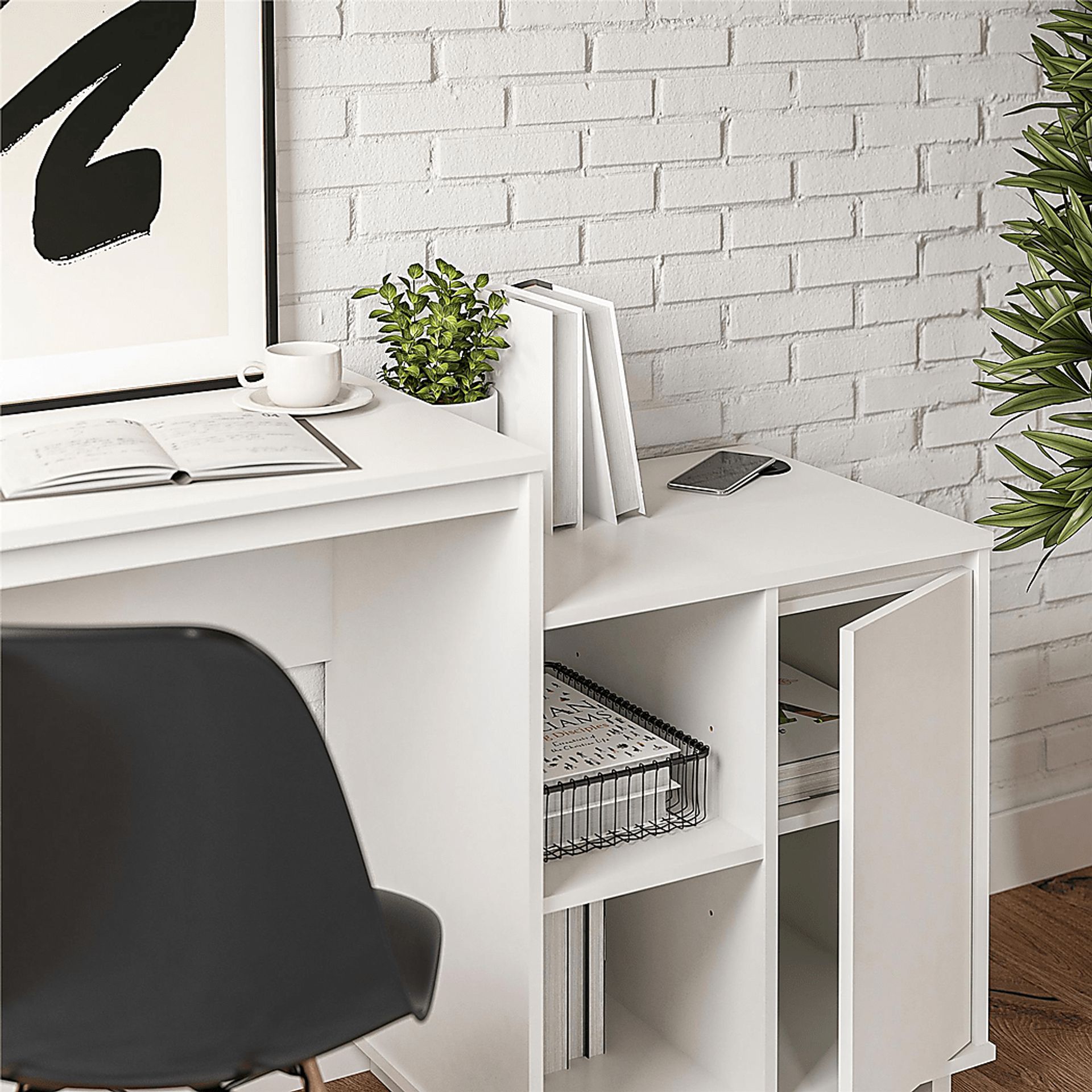 Ailbern White Desk with Cabinet - Image 4