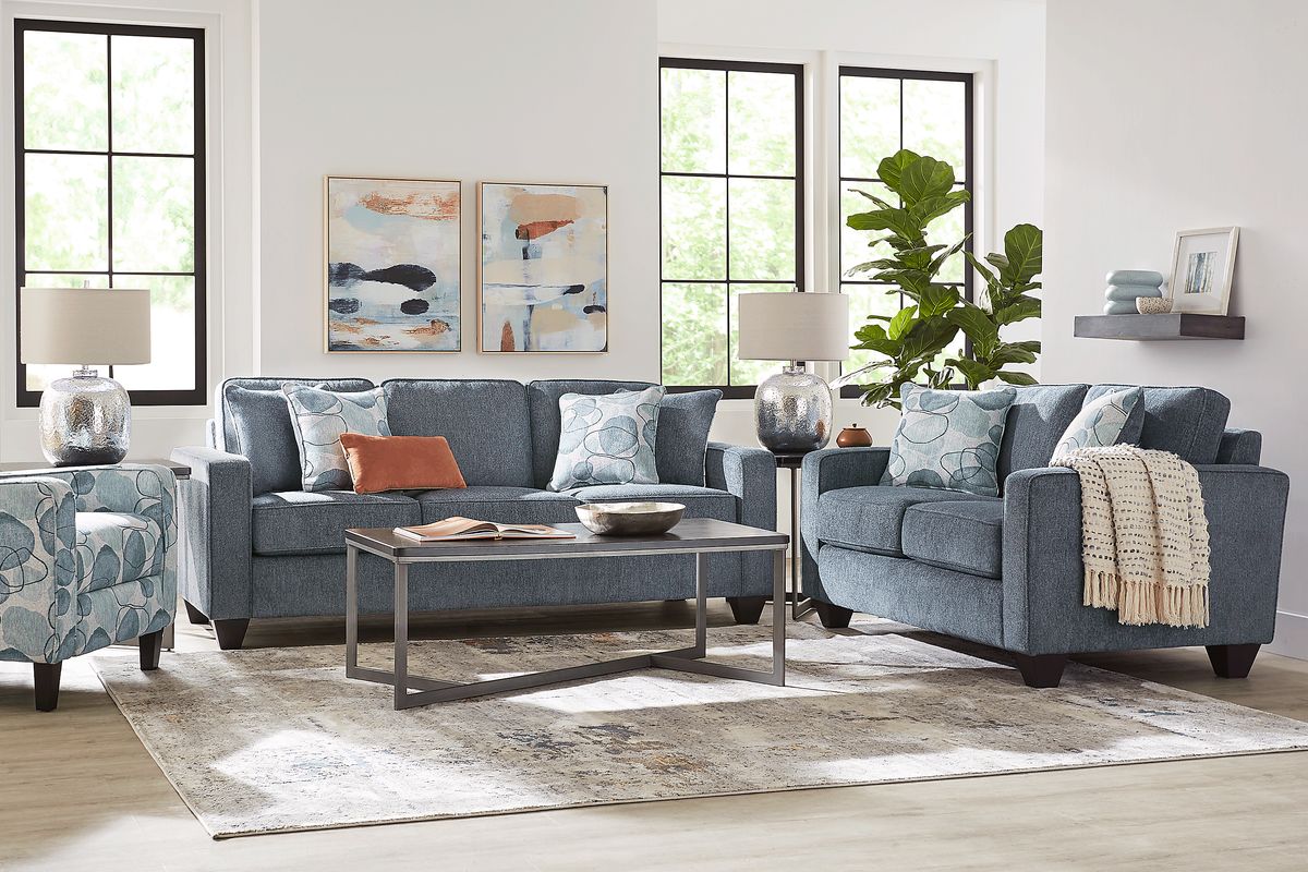 Alanis Bay 7 Pc Blue Woven Living Room Set With Sofa, Loveseat, Table