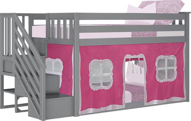 Kids Alekos White Twin/Twin Low Bunk Bed with Staircase and Blue Tent - Thumbnail - Image 2