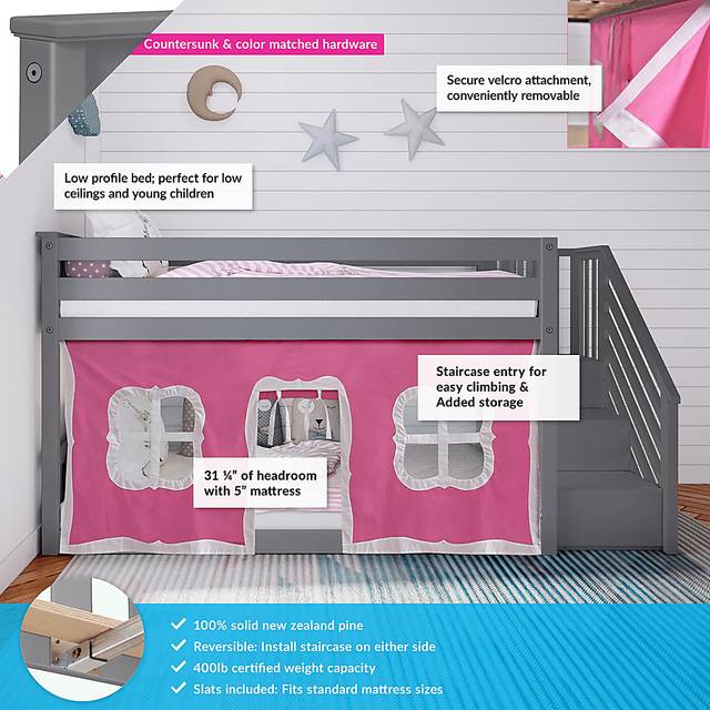Kids Alekos White Twin/Twin Low Bunk Bed with Staircase and Blue Tent - Thumbnail - Image 3