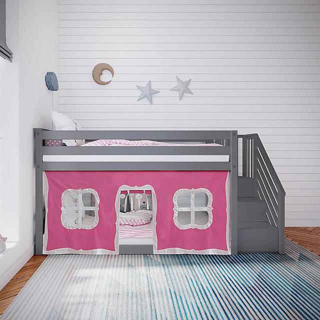 Kids Alekos White Twin/Twin Low Bunk Bed with Staircase and Blue Tent - Thumbnail - Image 1