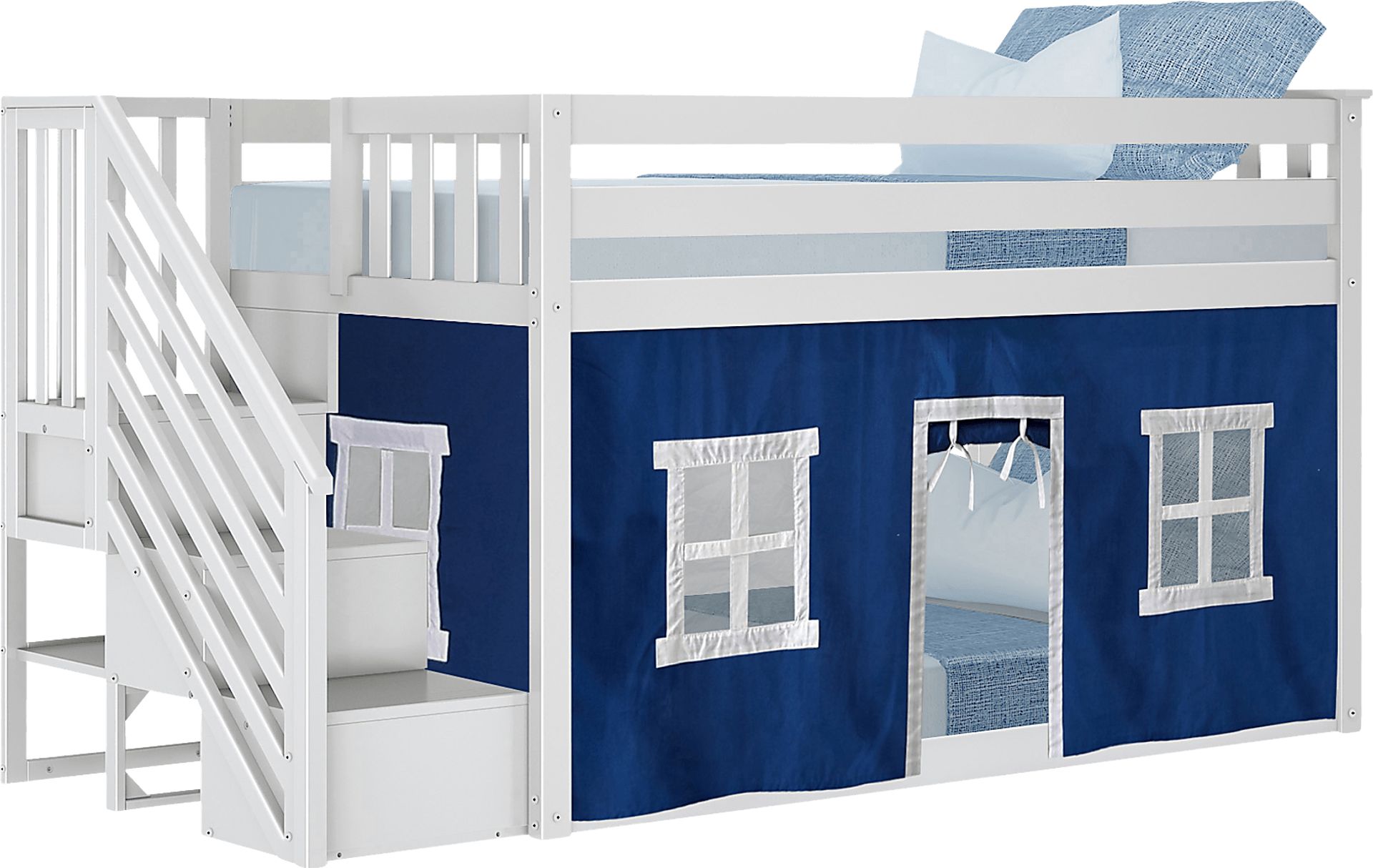Kids Alekos White Twin/Twin Low Bunk Bed with Staircase and Blue Tent - Image 2