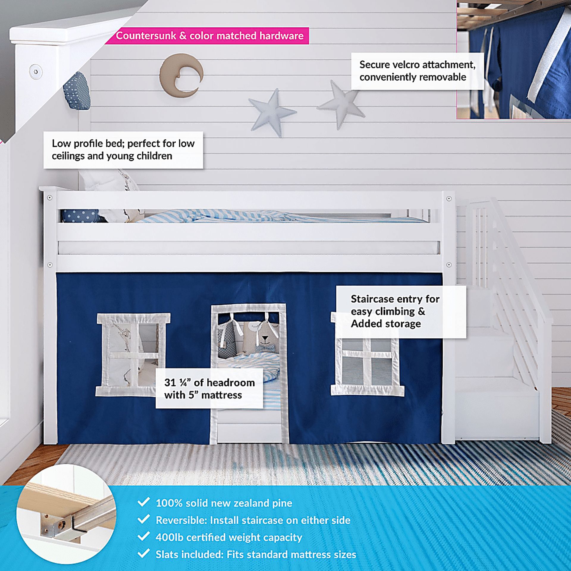 Kids Alekos White Twin/Twin Low Bunk Bed with Staircase and Blue Tent - Image 3