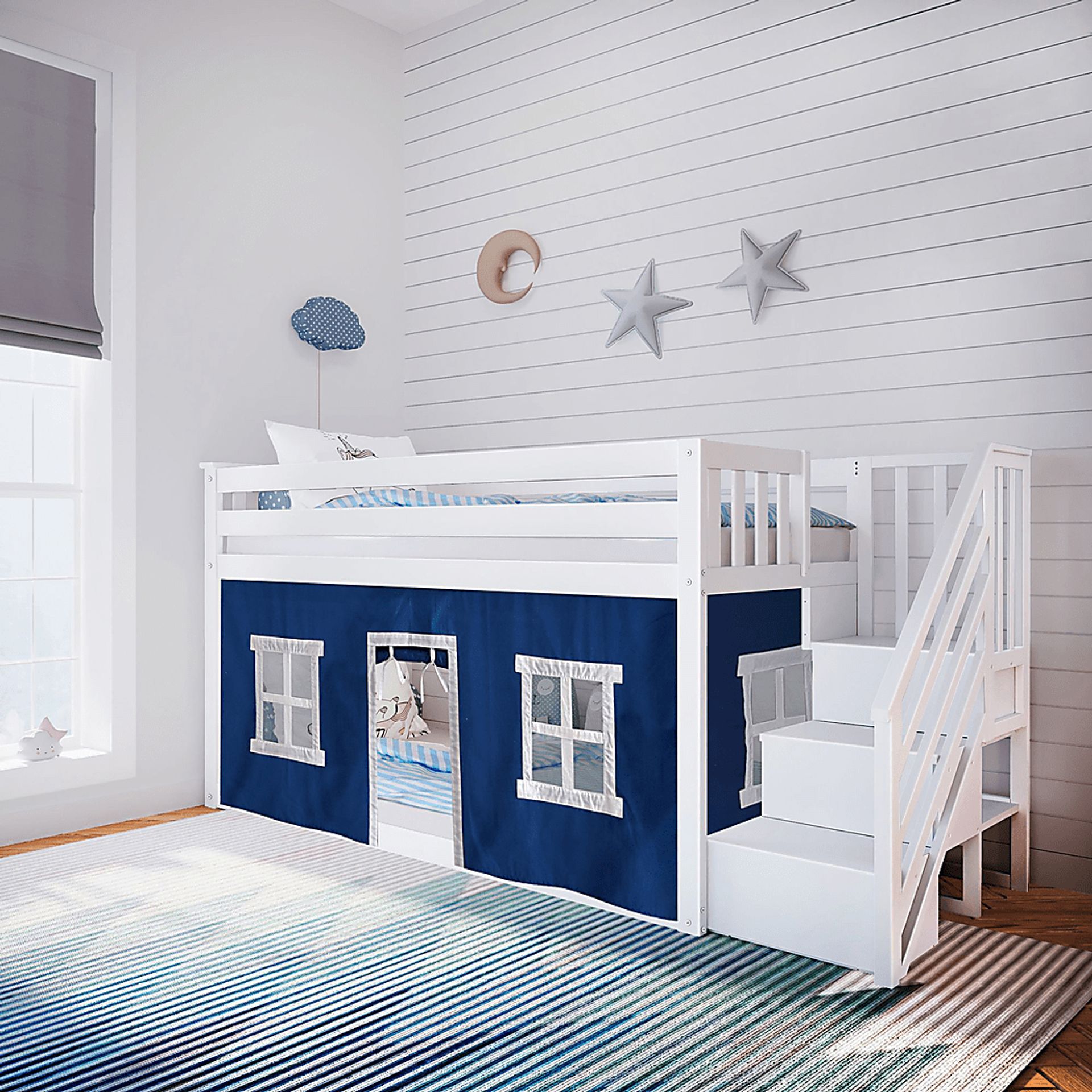 Kids Alekos White Twin/Twin Low Bunk Bed with Staircase and Blue Tent - Image 1