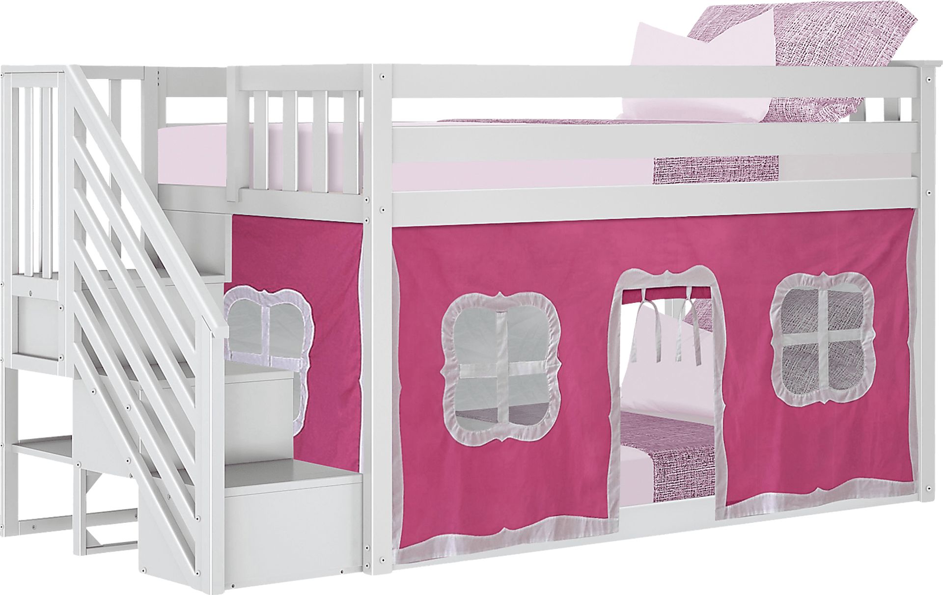 Kids Alekos White Twin/Twin Low Bunk Bed with Staircase and Pink Tent - Image 2
