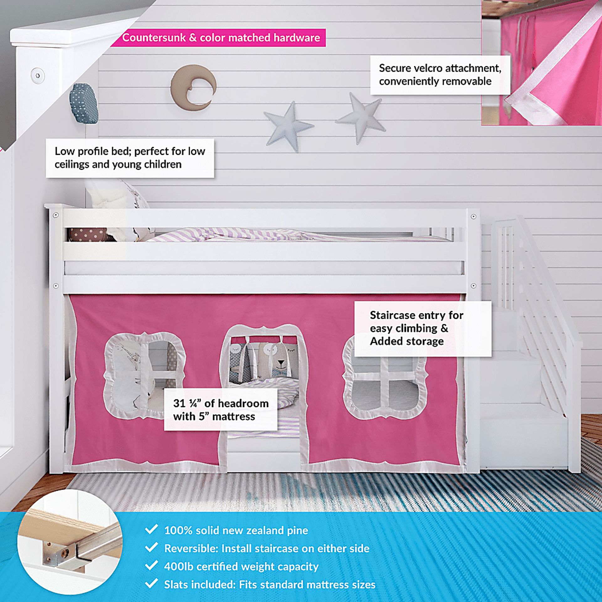 Kids Alekos White Twin/Twin Low Bunk Bed with Staircase and Pink Tent - Image 3