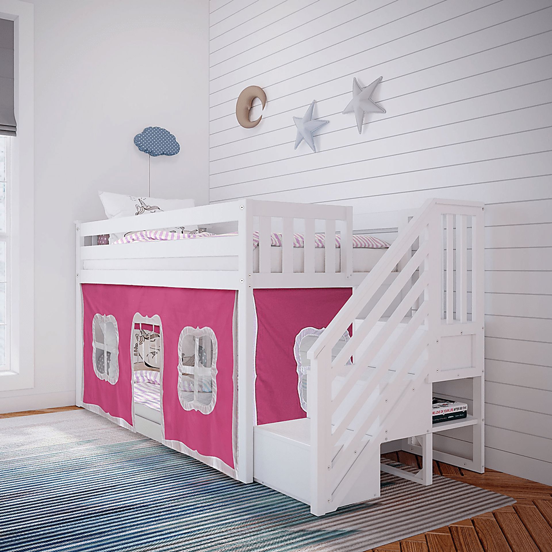 Kids Alekos White Twin/Twin Low Bunk Bed with Staircase and Pink Tent - Image 1