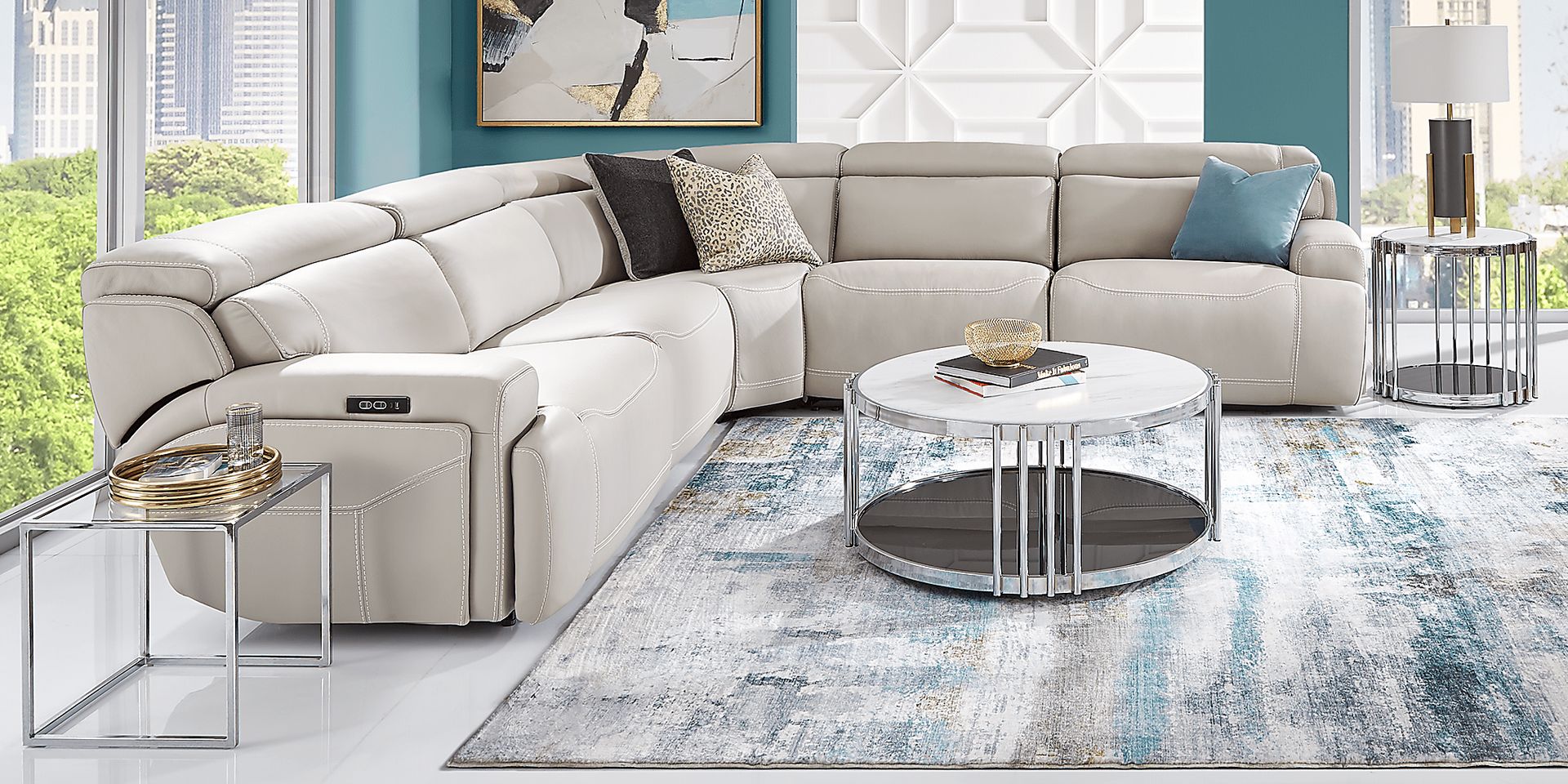 Cindy Crawford Alessio 8 Pc Light Gray Leather Dual Power Reclining Sectional Living Room With 5 Pc Dual Power Reclining Sectional Round Cocktail Table End Table Lamp Rooms to Go