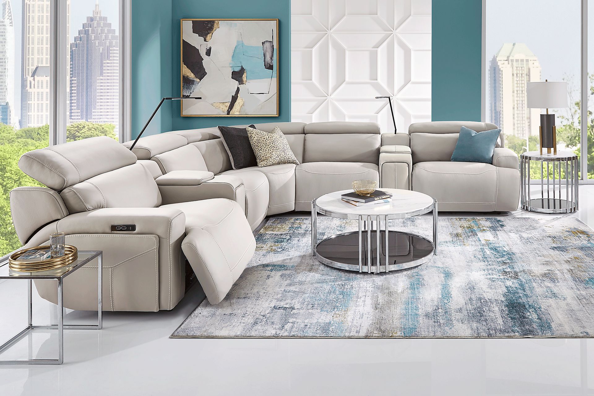 Alessio Light Gray Leather 7 Pc Dual Power Reclining Sectional - Image 2