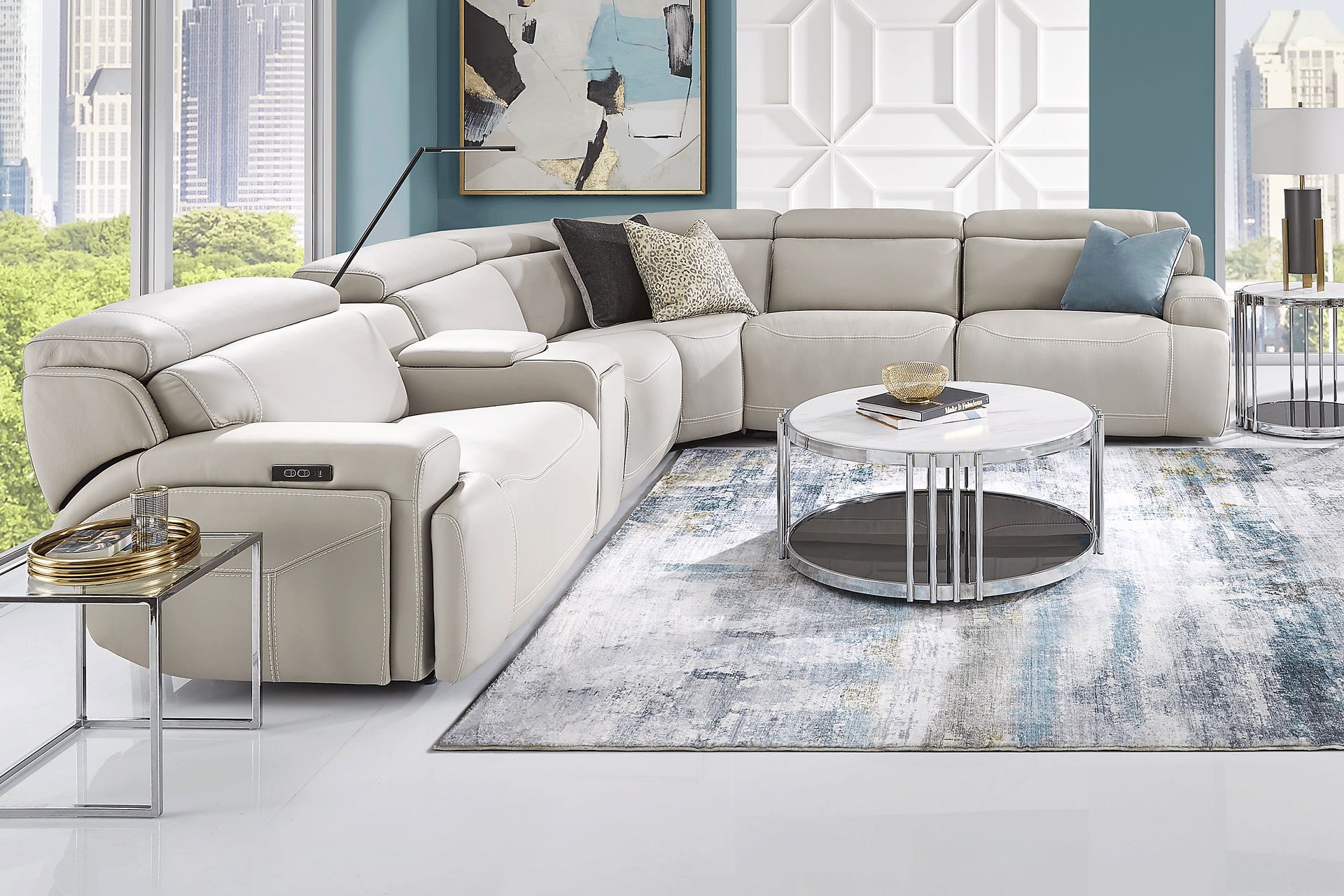 Alessio Light Gray Leather 9 Pc Dual Power Reclining Sectional Living Room - Image 1