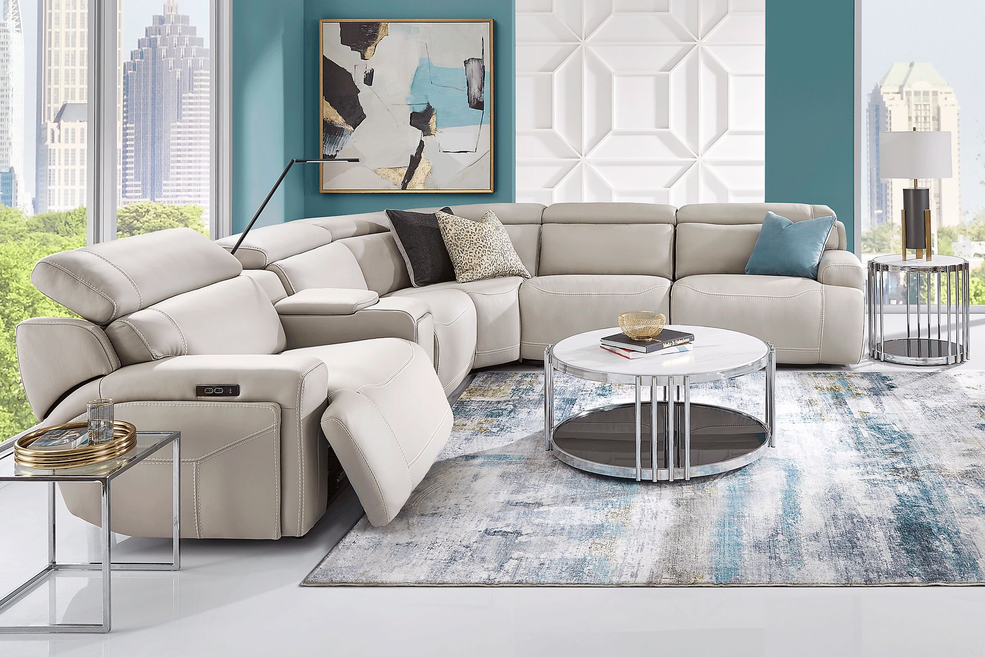 Alessio Light Gray Leather 9 Pc Dual Power Reclining Sectional Living Room - Image 1