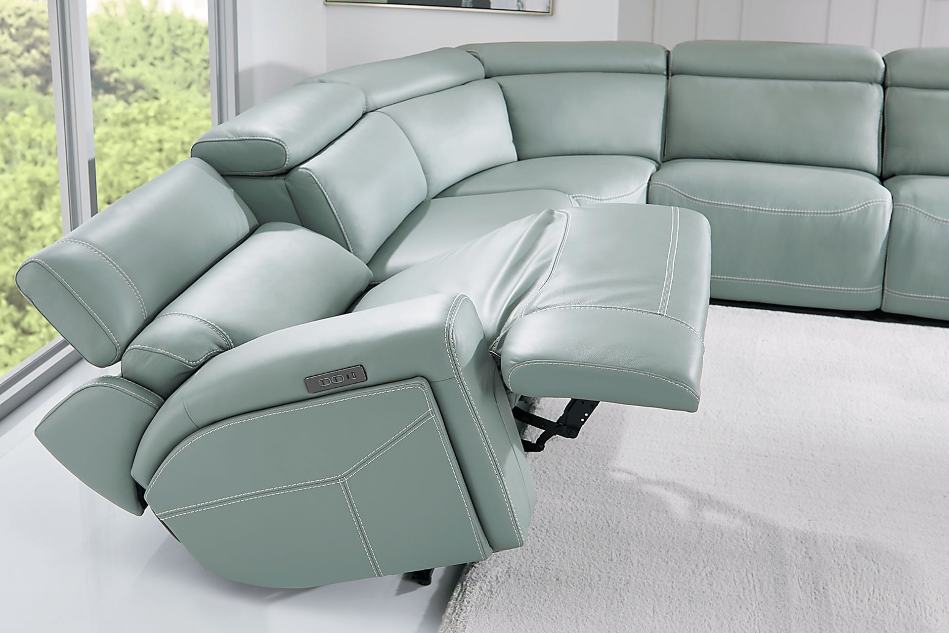 Cindy Crawford Alessio 8 Pc Mint Green Leather Dual Power Reclining Sectional Living Room With 5 Pc Dual Power Reclining Sectional, Cocktail Table, End Table, Table Lamp | Rooms to Go Cindy Crawford Alessio 8 Pc Mint Green Leather Dual Power Reclining Sectional Living Room With 5 Pc Dual Power Reclining Sectional, Cocktail Table, End Table, Table Lamp | Rooms to Go