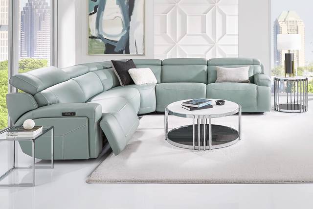Alessio Mint Leather 5 Pc Dual Power Reclining Sectional - Thumbnail - Image 2