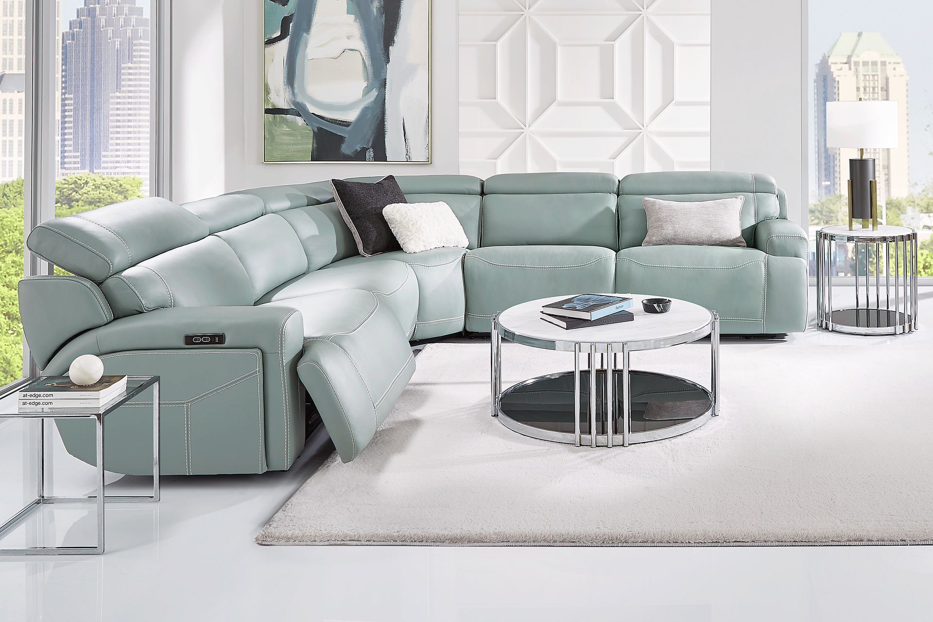 Alessio Mint Leather 5 Pc Dual Power Reclining Sectional - Image 2