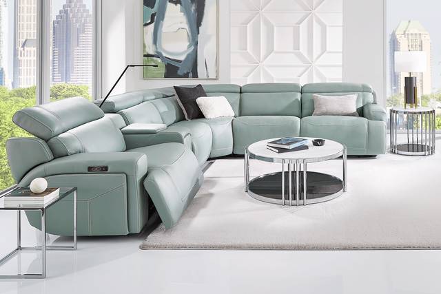 Alessio Mint Leather 6 Pc Dual Power Reclining Sectional - Thumbnail - Image 2
