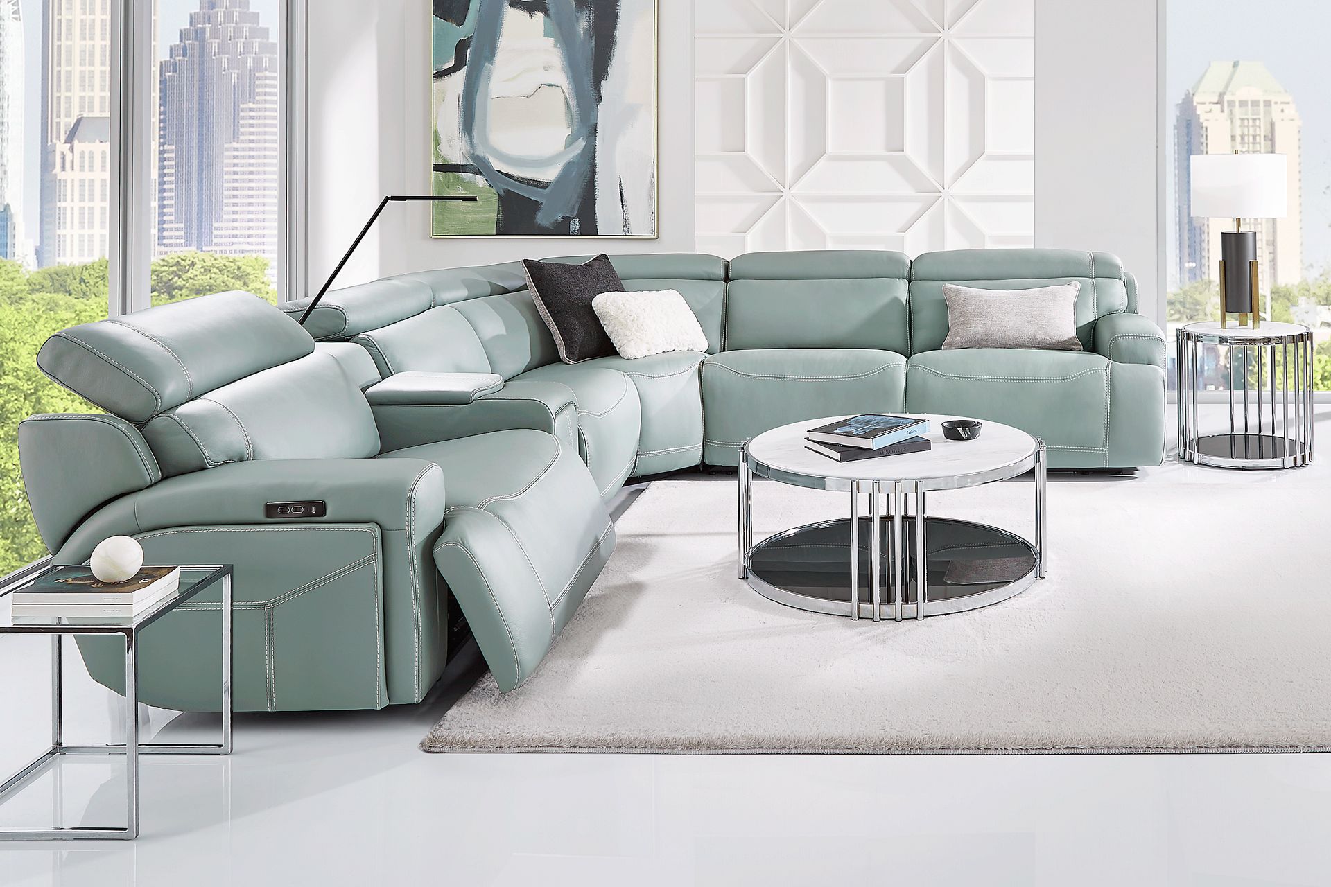 Alessio Mint Leather 6 Pc Dual Power Reclining Sectional - Image 2