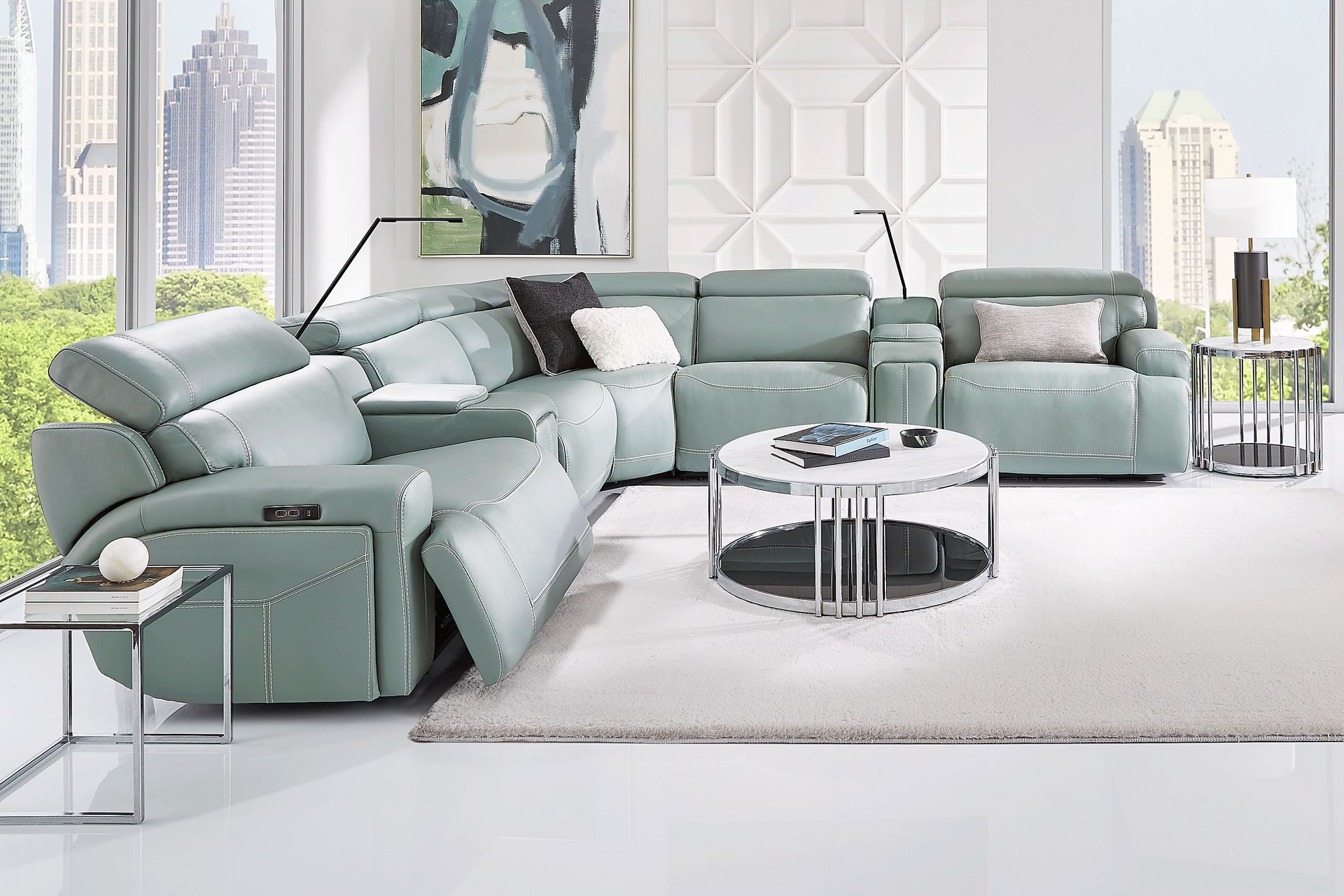 Alessio Mint Leather 7 Pc Dual Power Reclining Sectional - Image 2