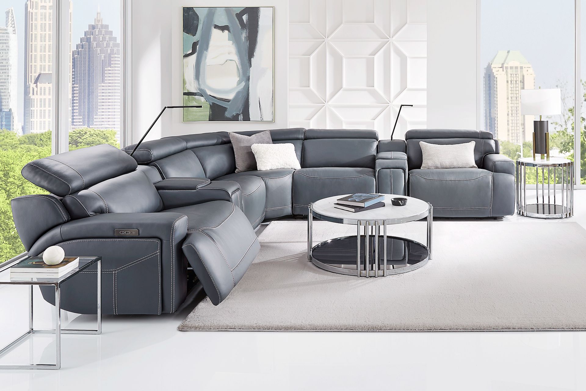 Alessio Navy Leather 7 Pc Dual Power Reclining Sectional - Image 2