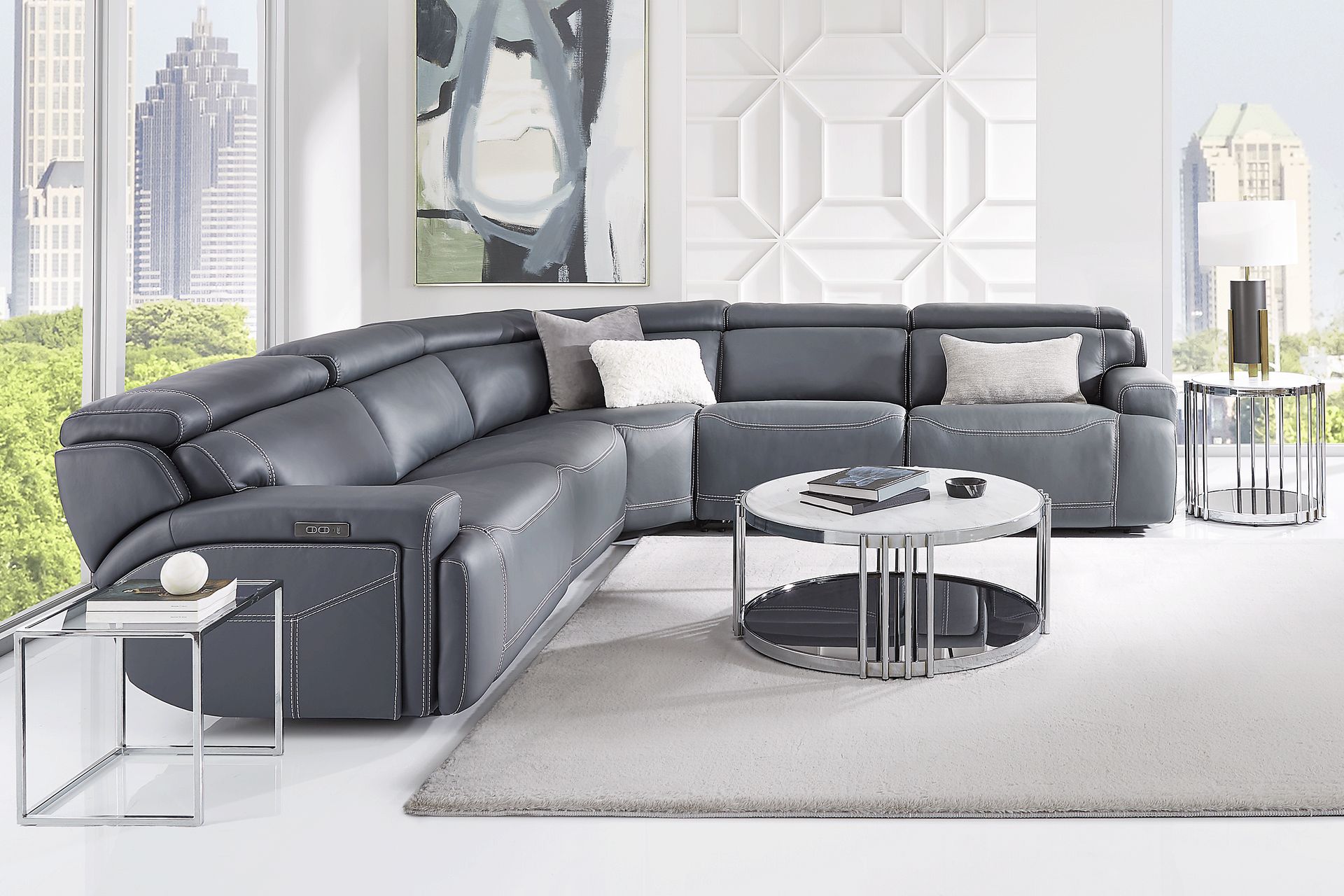 Alessio Navy Leather 8 Pc Dual Power Reclining Sectional Living Room - Image 1