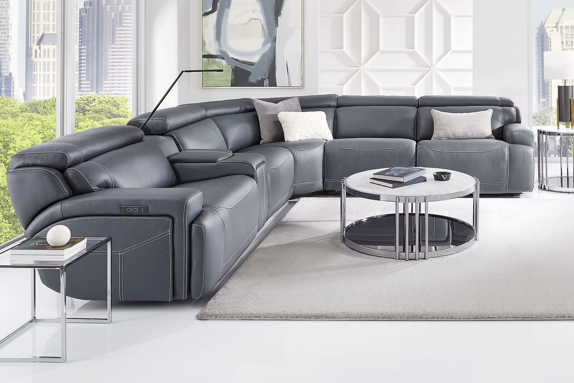 Alessio Navy Leather 9 Pc Dual Power Reclining Sectional Living Room - Image 1
