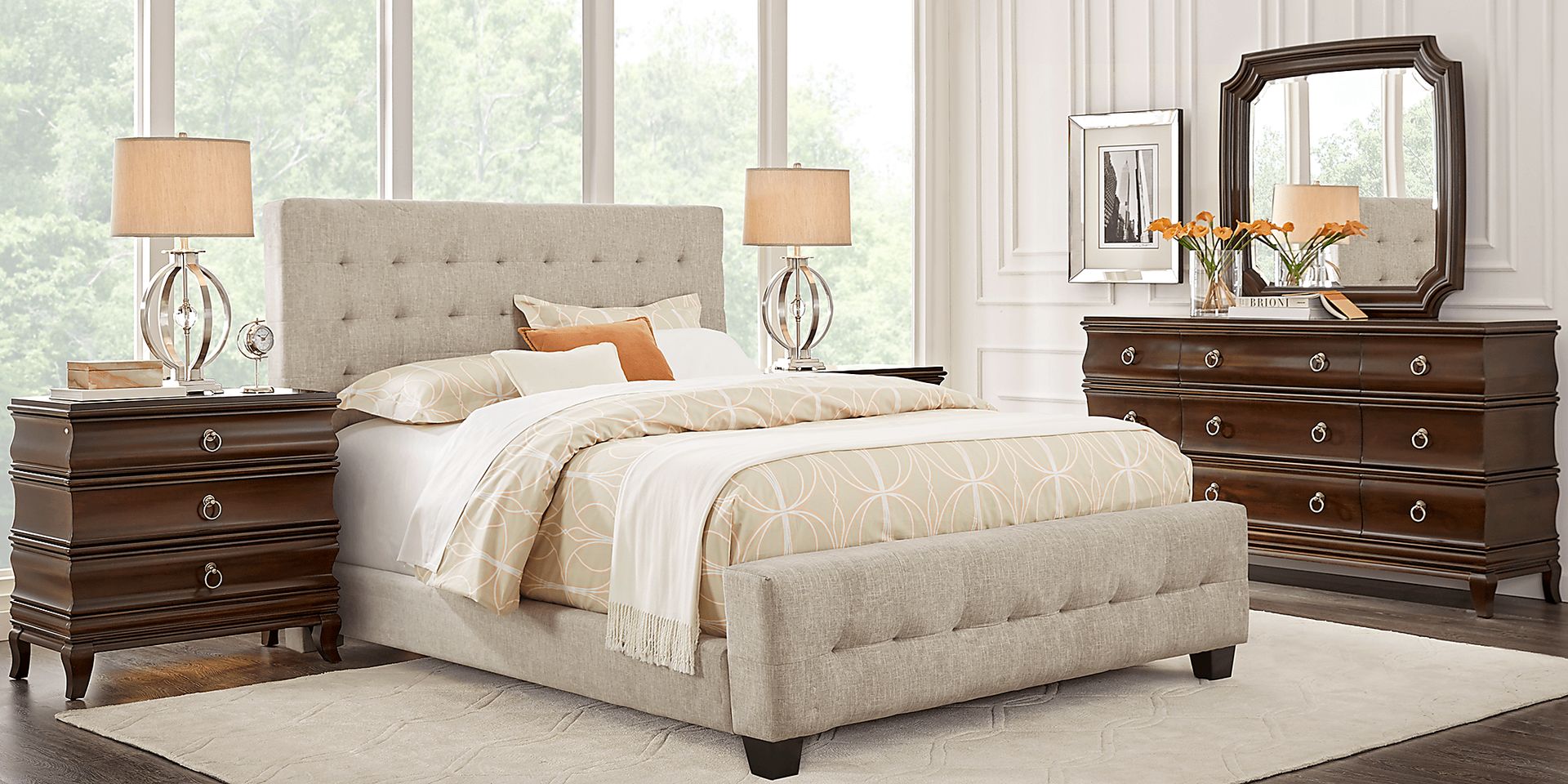 Alexi Cherry 7 Pc King Bedroom with Linen Upholstered Bed - Image 1