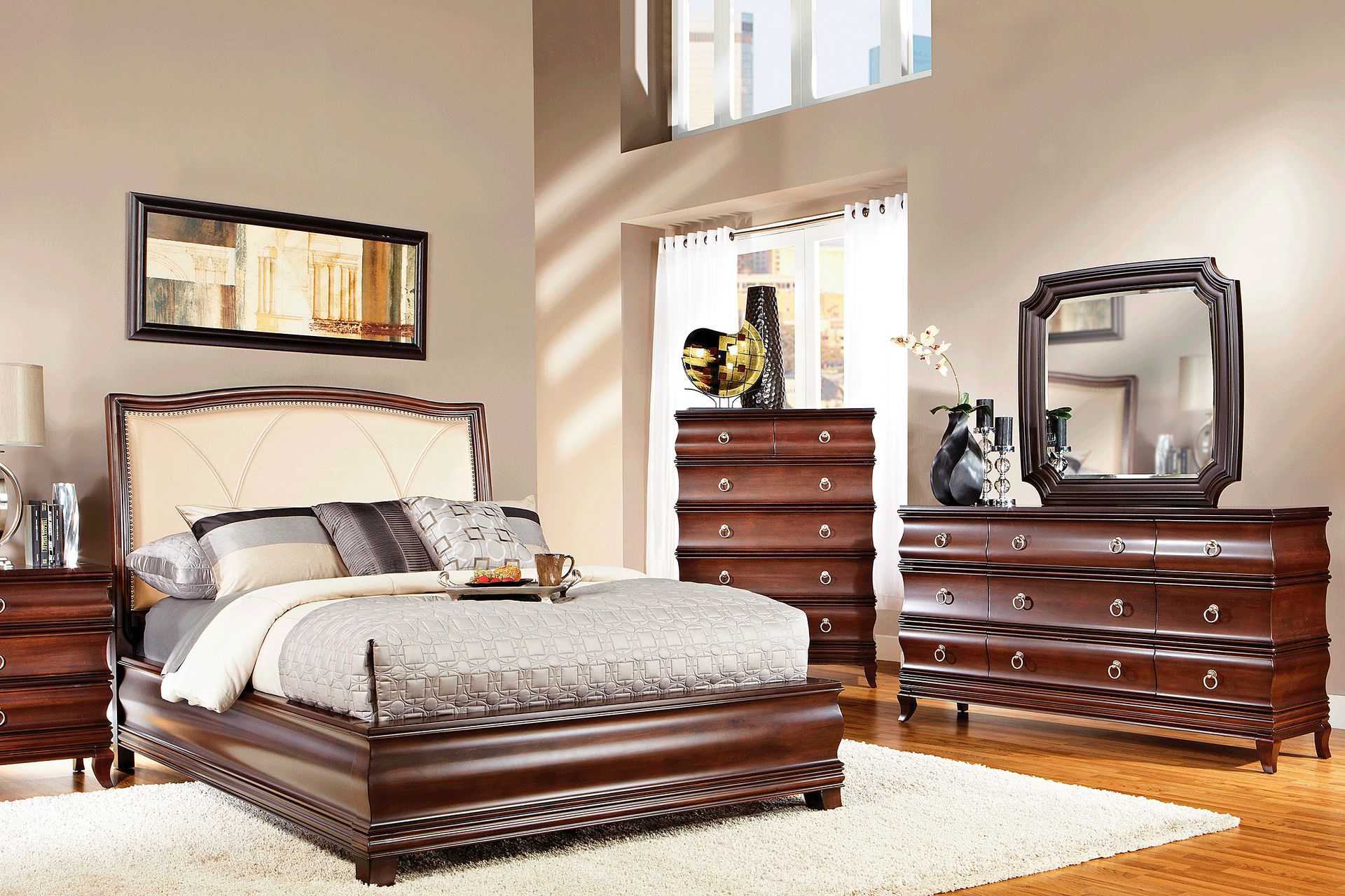 Alexi Cherry 7 Pc King Panel Bedroom with Cream Inset - Image 1
