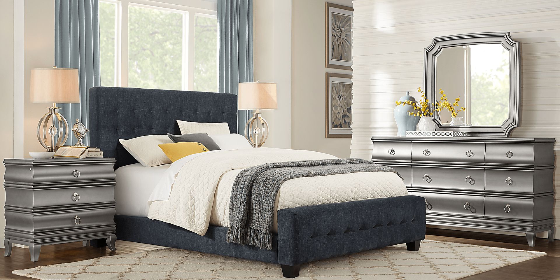 Alexi Silver 5 Pc King Bedroom with Blue Upholstered Bed - Image 1