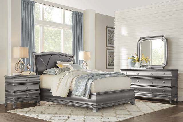 Alexi Silver 7 Pc King Panel Bedroom with Chocolate Inset - Thumbnail - Image 1