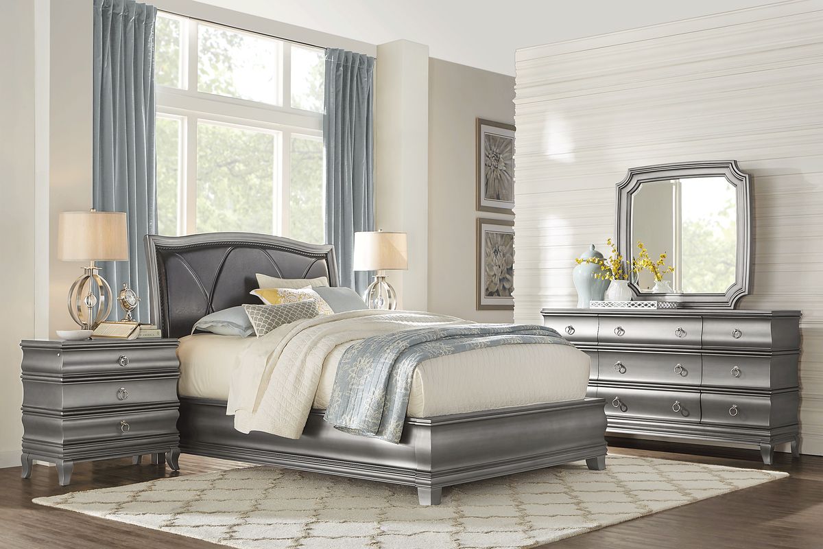 Studio Place 7 Pc Silver Gray King Bedroom Set With Dresser, Mirror, 3 Pc  King Bed, Nightstand