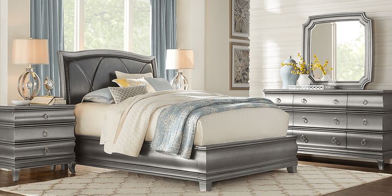 Alexi Silver 7 Pc King Panel Bedroom with Chocolate Inset