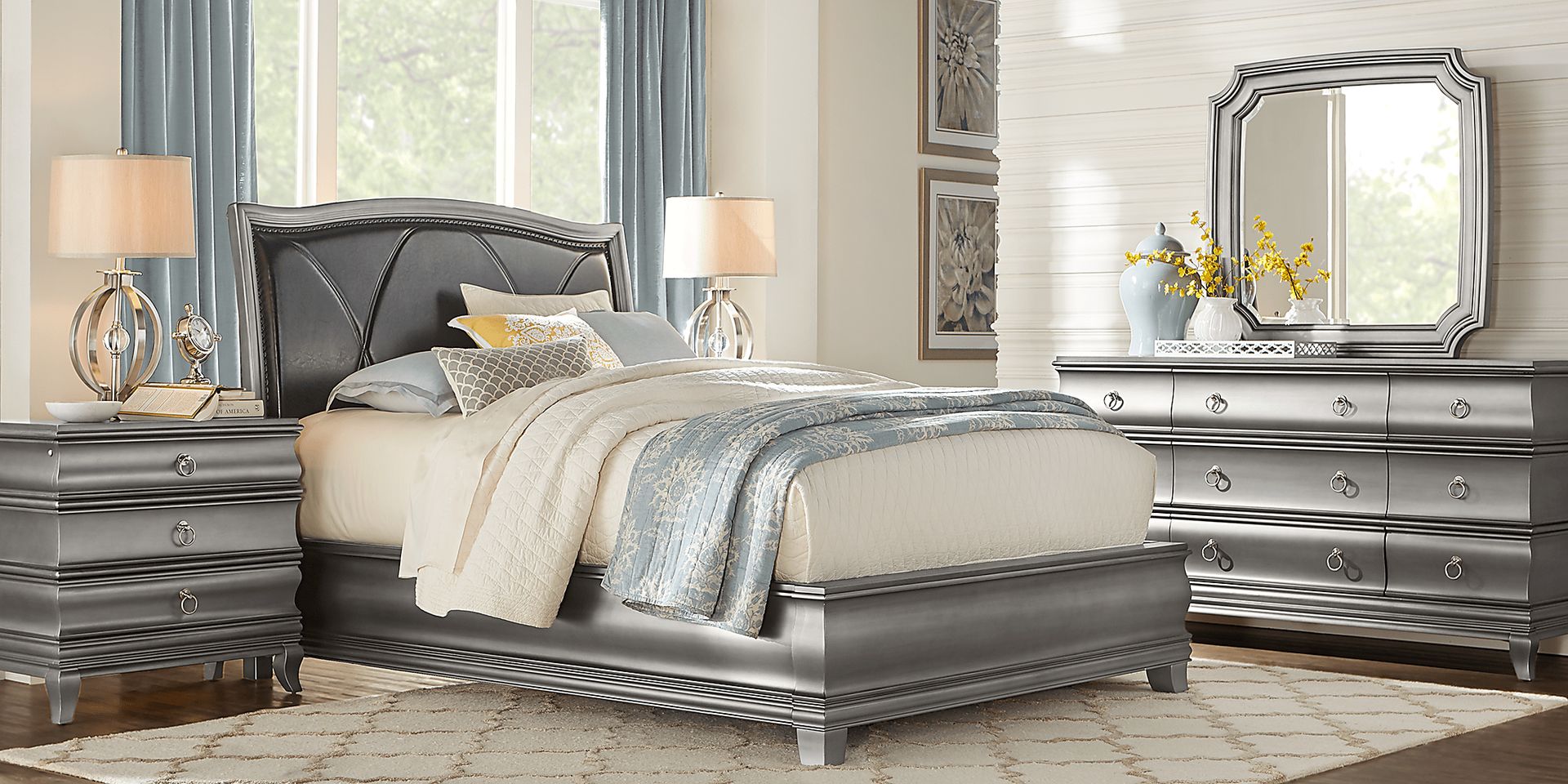 Alexi Silver 7 Pc Queen Panel Bedroom with Chocolate Inset - Image 1