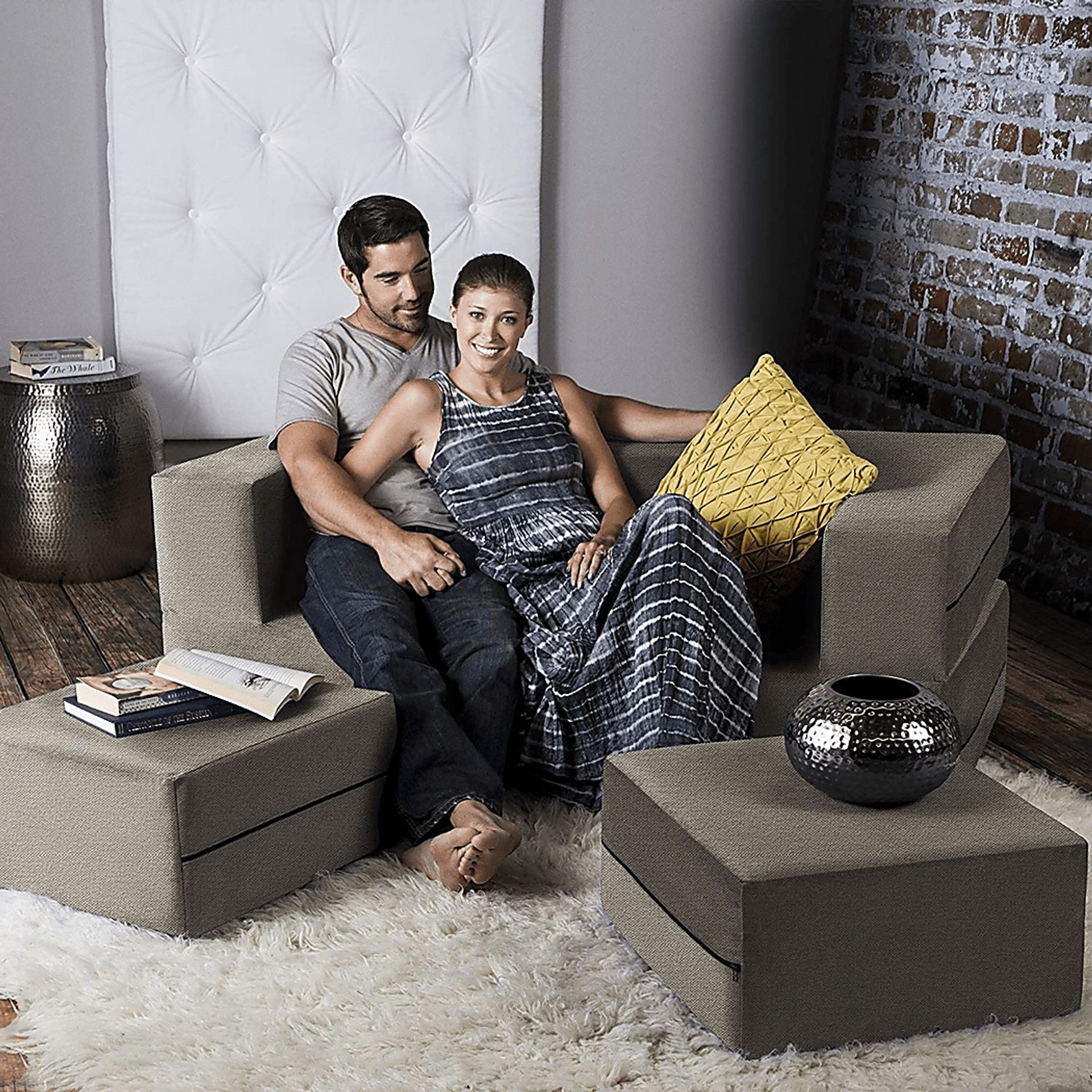Alfy Light Brown Convertible Loveseat and Ottomans - Image 4