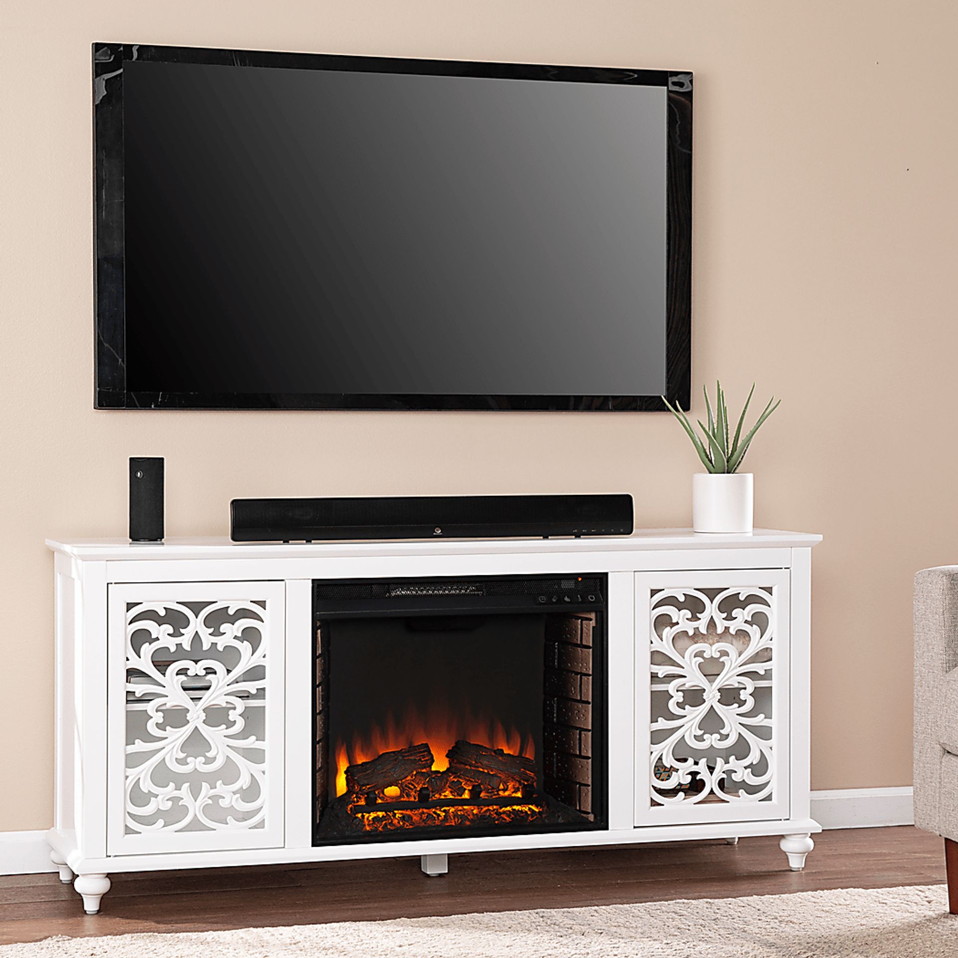 Allgehenny II White 58 in. Console With Electric Log Fireplace - Image 5