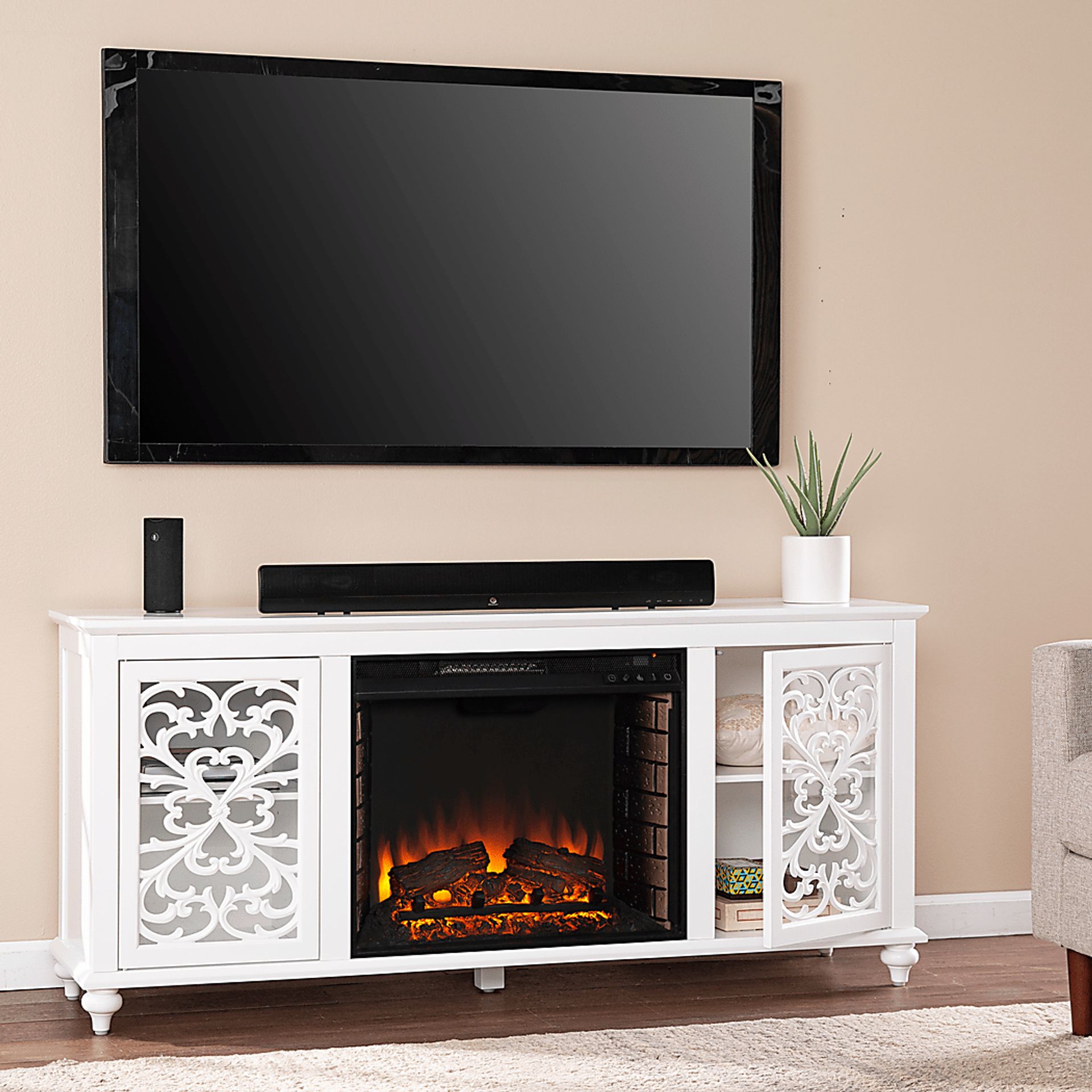 Allgehenny II White 58 in. Console With Electric Log Fireplace - Image 6