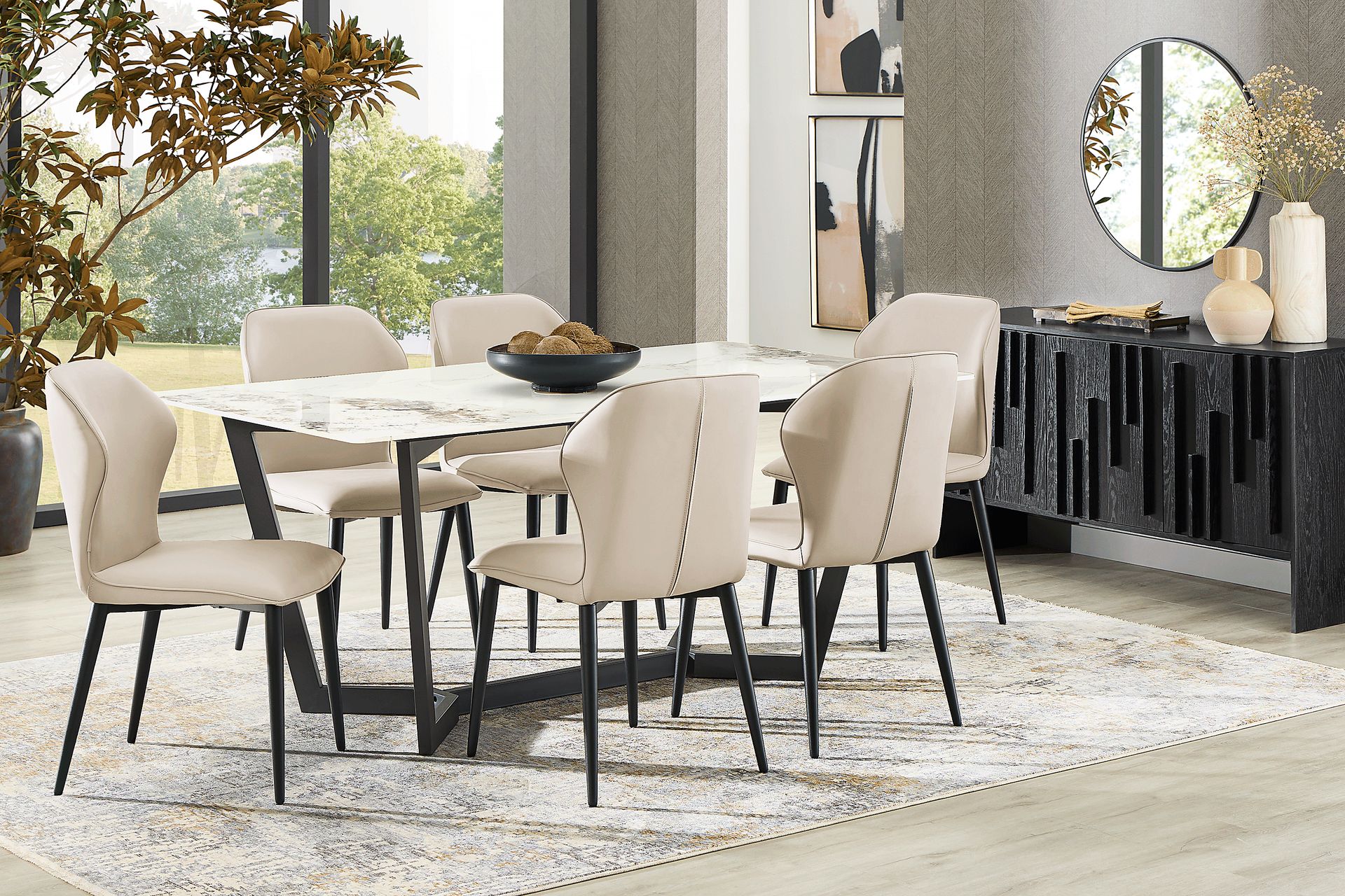 Allici White 5 Pc Dining Room with Beige Upholstered Chairs - Image 1
