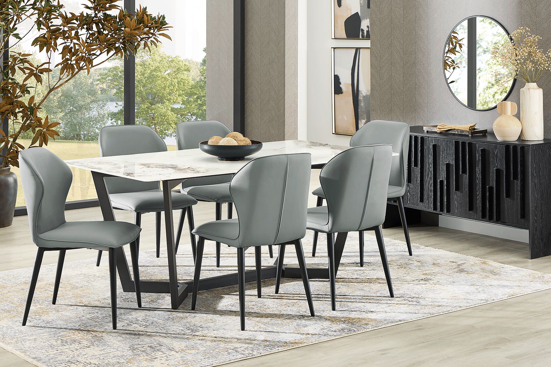 Allici White 5 Pc Dining Room with Charcoal Upholstered Chairs - Image 1