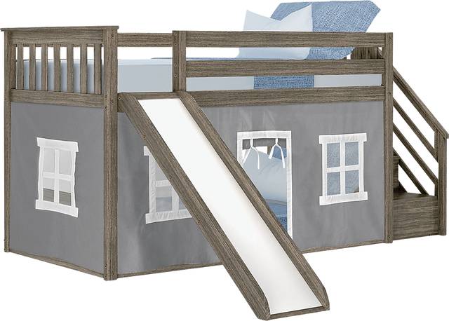 Kids Alwaes Brown Twin/Twin Low Bunk Bed with Slide and Gray Tent - Thumbnail - Image 2