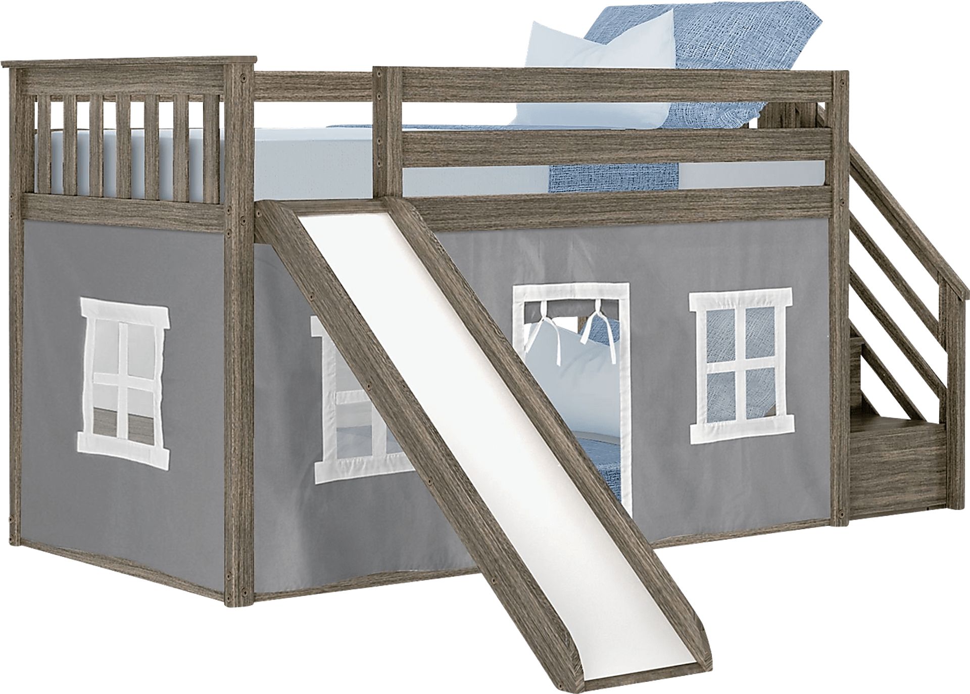 Kids Alwaes Brown Twin/Twin Low Bunk Bed with Slide and Gray Tent - Image 2