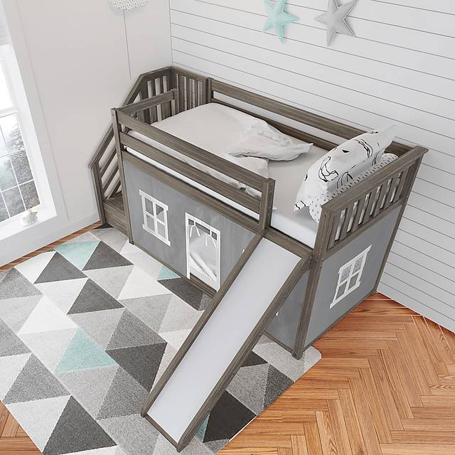 Kids Alwaes Brown Twin/Twin Low Bunk Bed with Slide and Gray Tent - Thumbnail - Image 3