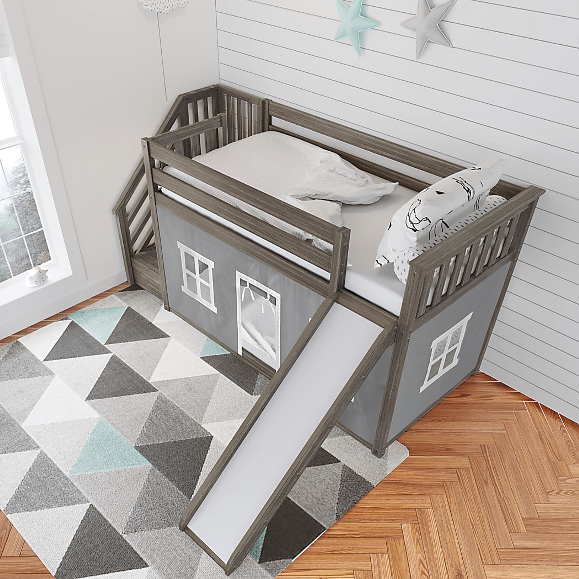 Kids Alwaes Brown Twin/Twin Low Bunk Bed with Slide and Gray Tent - Image 3