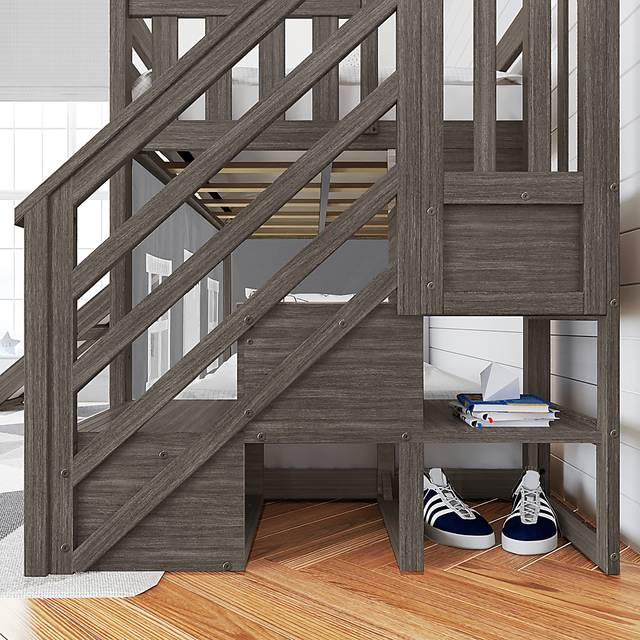 Kids Alwaes Brown Twin/Twin Low Bunk Bed with Slide and Gray Tent - Thumbnail - Image 6