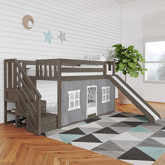 Kids Alwaes Brown Twin/Twin Low Bunk Bed with Slide and Gray Tent - Thumbnail - Image 1